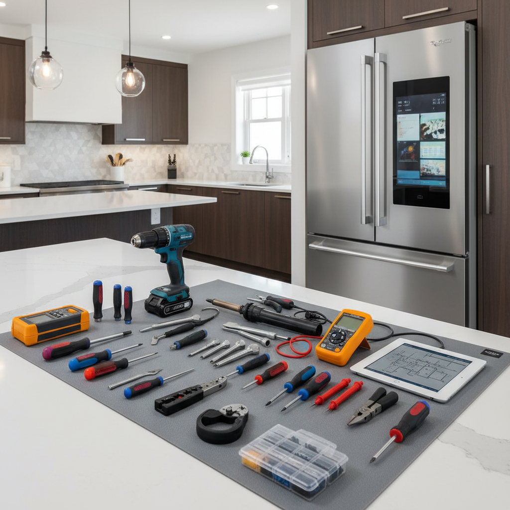 Technician tools next to premium refrigerator